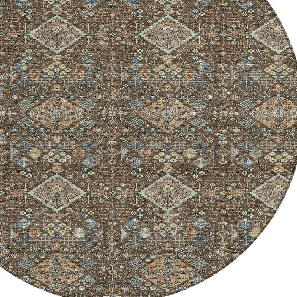 8' Chocolate And Brown Round Geometric Washable Indoor Outdoor Area Rug HomeRoots