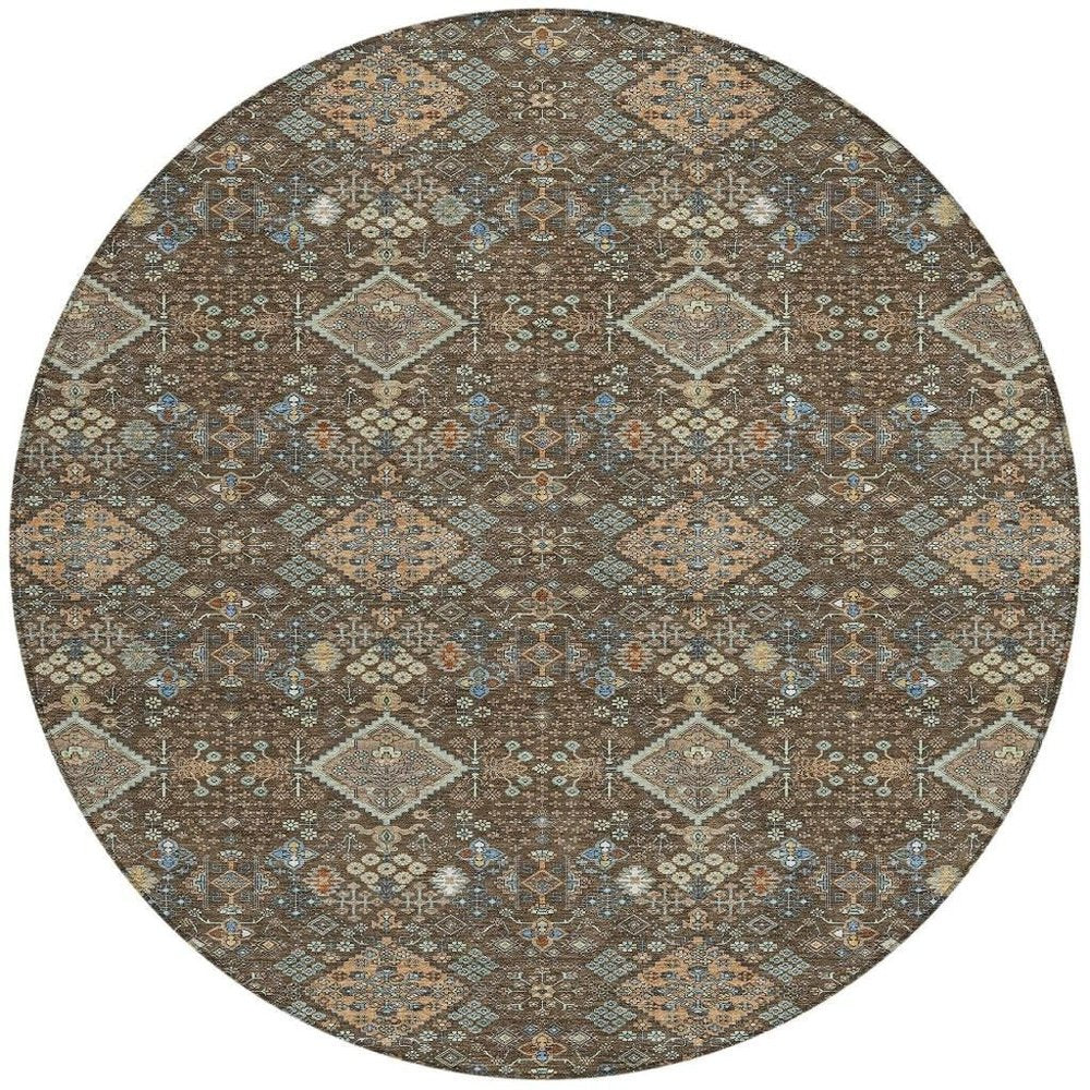 8' Chocolate And Brown Round Geometric Washable Indoor Outdoor Area Rug HomeRoots