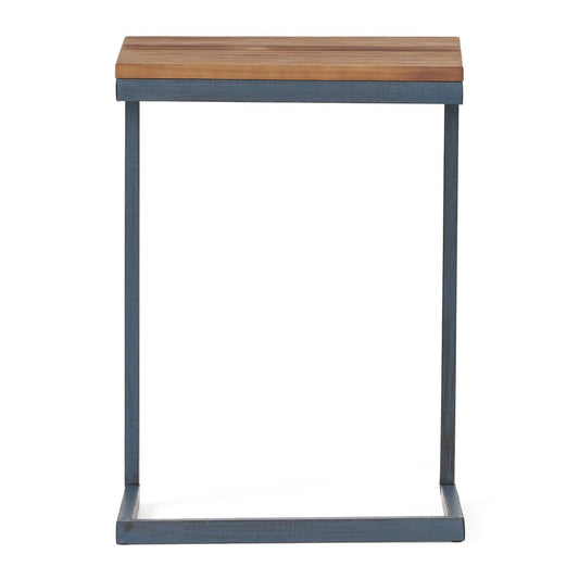 22" Natural and Blue Wood and Iron End Table