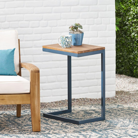 22" Natural and Blue Wood and Iron End Table