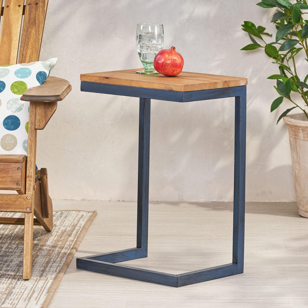 26" Natural and Blue Wood and Iron End Table — view 8