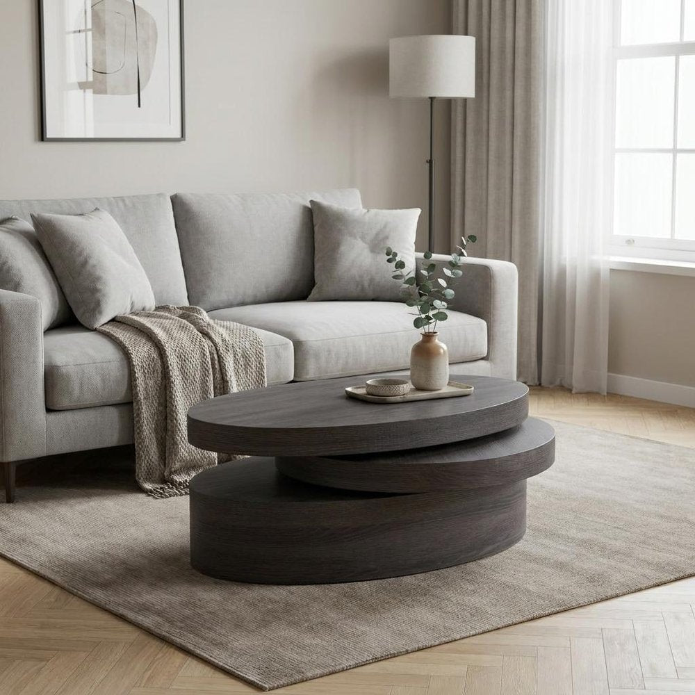 32" Gray Wood Oval Drum Coffee Table With Storage — view 10