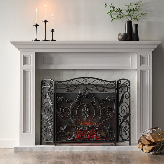54" Black Ornate Carved Scrollwork Iron Ethanol Fireplace