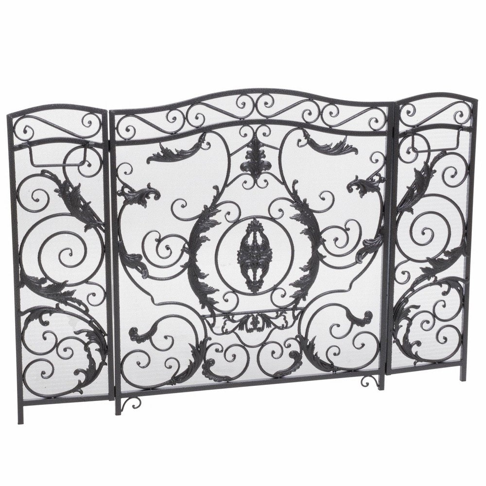 54" Black Ornate Carved Scrollwork Iron Ethanol Fireplace HomeRoots