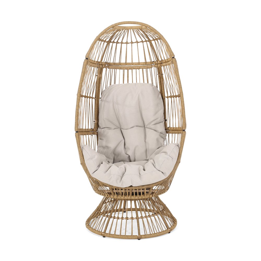 31" White Steel Outdoor Egg Chair with Cream Cushion — view 1