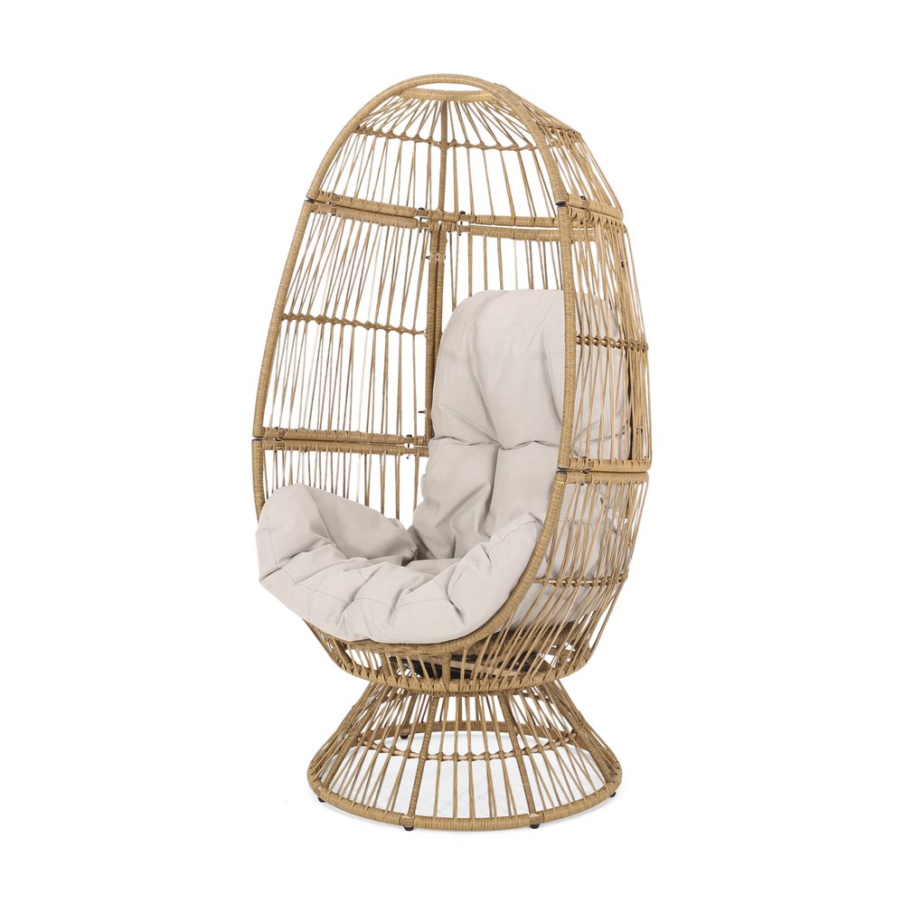 31" White Steel Outdoor Egg Chair with Cream Cushion HomeRoots