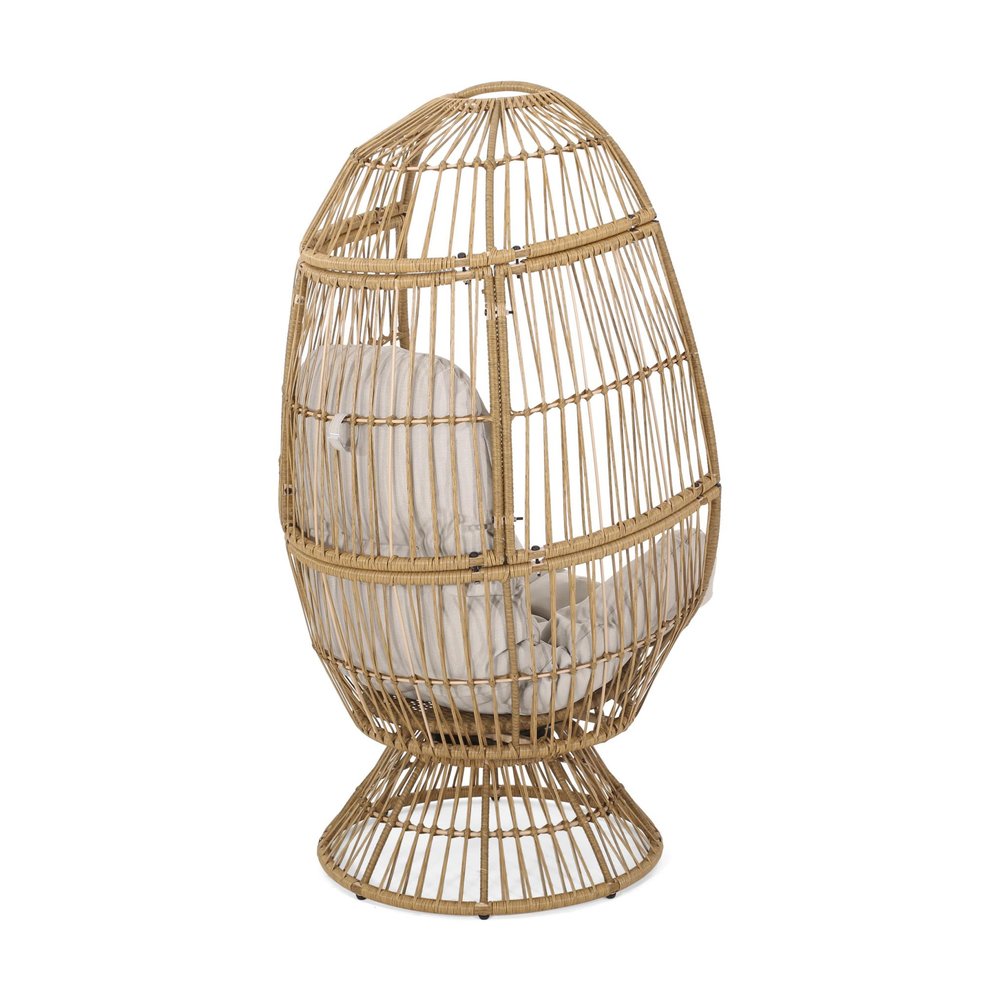 31" White Steel Outdoor Egg Chair with Cream Cushion HomeRoots
