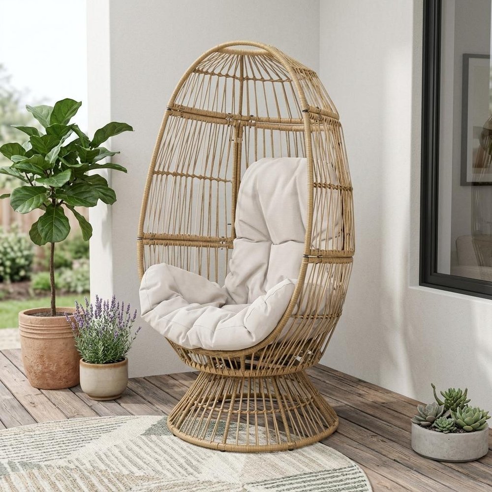 31" White Steel Outdoor Egg Chair with Cream Cushion — view 8