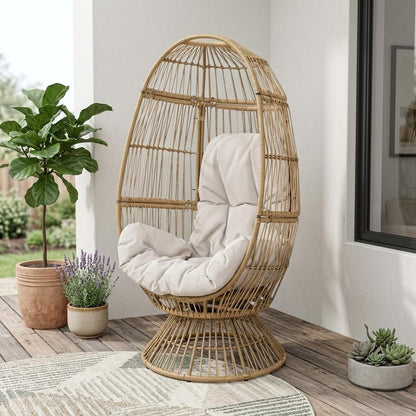 31" White Steel Outdoor Egg Chair with Cream Cushion HomeRoots