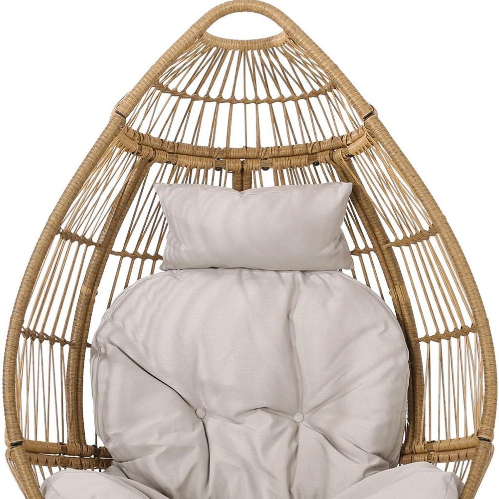 37" Beige Woven Faux Rattan Outdoor Egg Chair with Beige Cushion HomeRoots