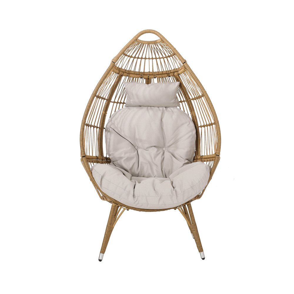 37" Beige Woven Faux Rattan Outdoor Egg Chair with Beige Cushion — view 1