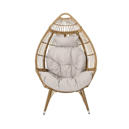 37" Beige Woven Faux Rattan Outdoor Egg Chair with Beige Cushion HomeRoots