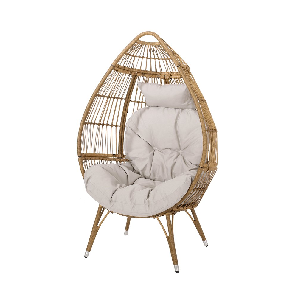 37" Beige Woven Faux Rattan Outdoor Egg Chair with Beige Cushion — view 2