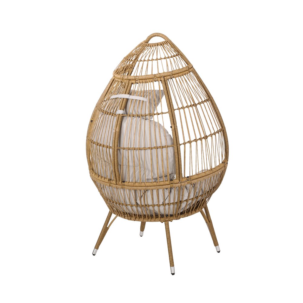 37" Beige Woven Faux Rattan Outdoor Egg Chair with Beige Cushion — view 3