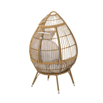 37" Beige Woven Faux Rattan Outdoor Egg Chair with Beige Cushion HomeRoots