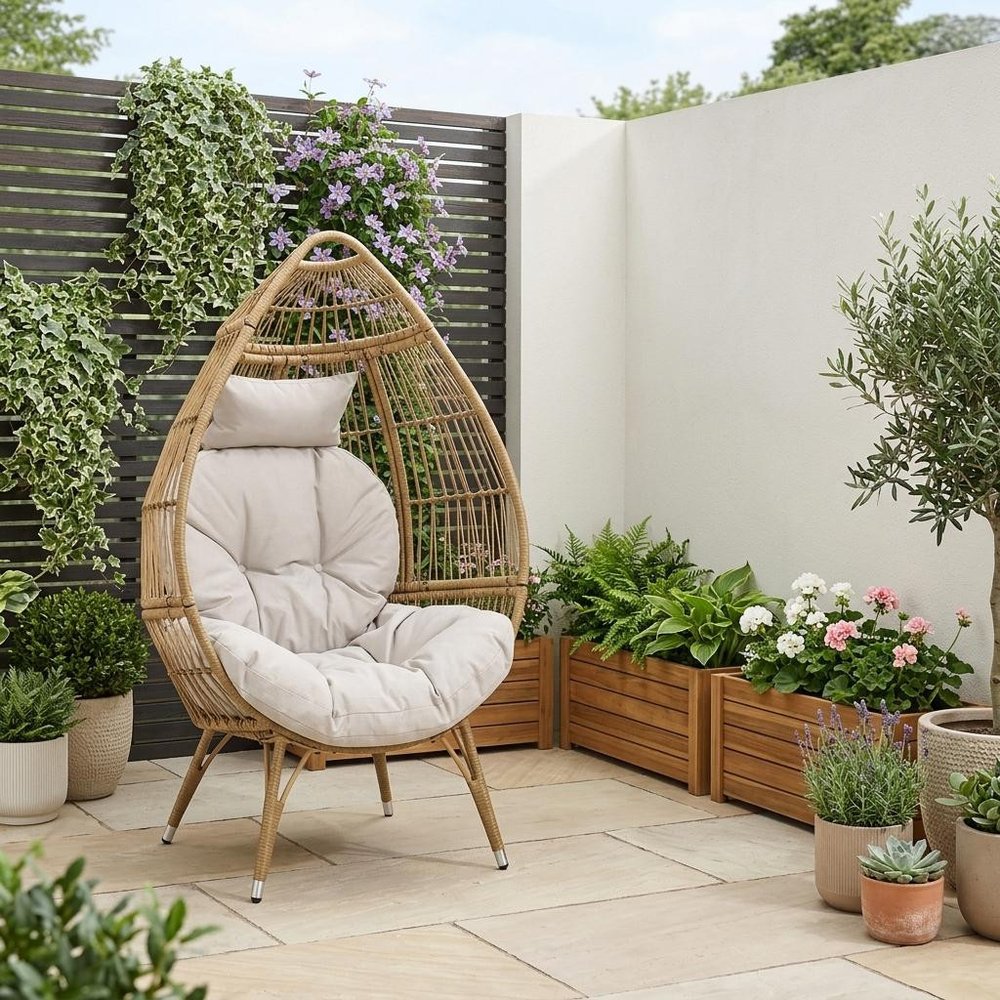 37" Beige Woven Faux Rattan Outdoor Egg Chair with Beige Cushion HomeRoots