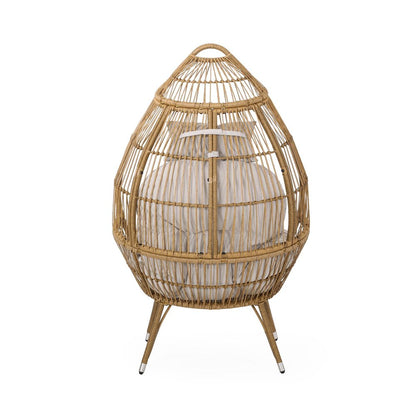 37" Beige Woven Faux Rattan Outdoor Egg Chair with Beige Cushion HomeRoots