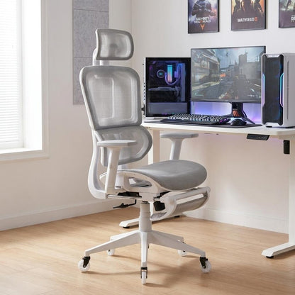 Light Gray And White Adjustable Height Swivel Rolling Gaming Chair With Footrest HomeRoots