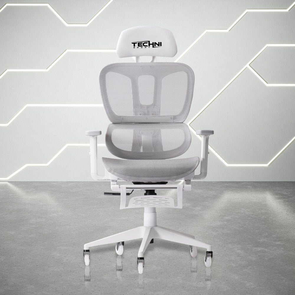 Light Gray And White Adjustable Height Swivel Rolling Gaming Chair With Footrest — view 1