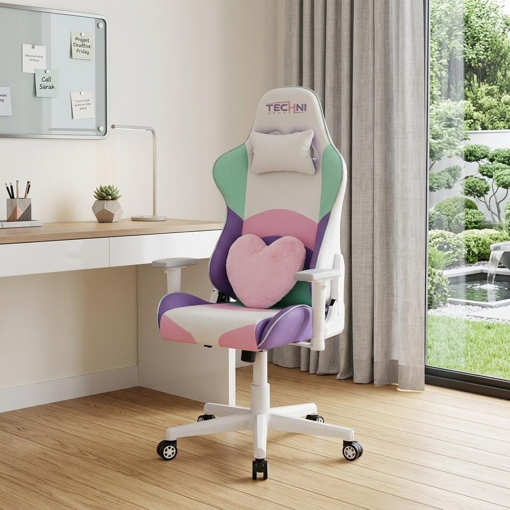Pink Purple And White And White Swivel Rolling Gaming Chair HomeRoots