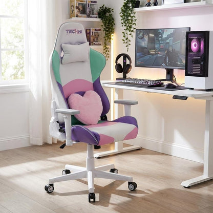 Pink Purple And White And White Swivel Rolling Gaming Chair HomeRoots