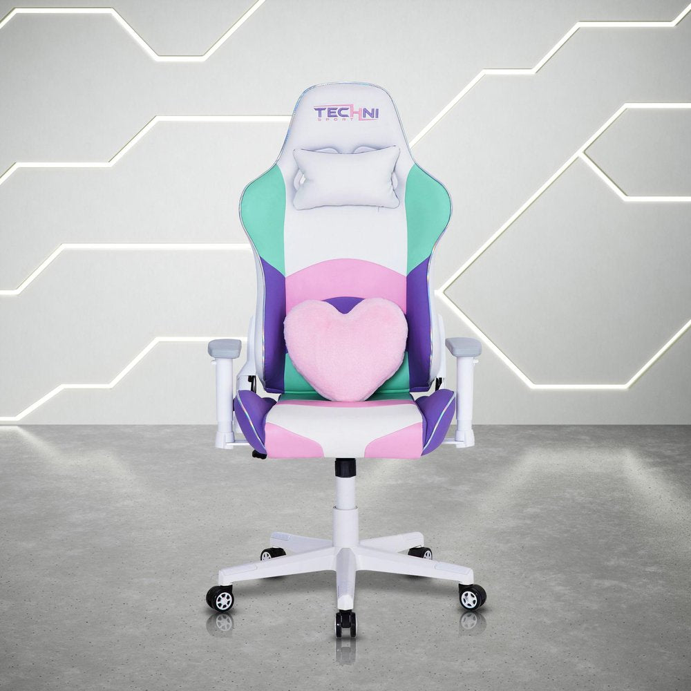 Pink Purple And White And White Swivel Rolling Gaming Chair HomeRoots