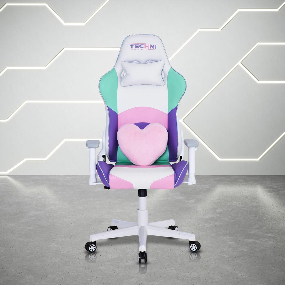 Pink Purple And White And White Swivel Rolling Gaming Chair — view 1