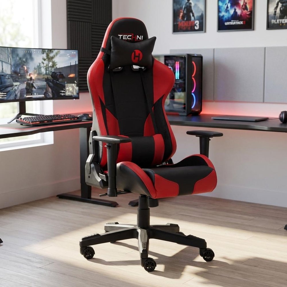 Black And Red And Black Swivel Rolling Gaming Chair — view 12