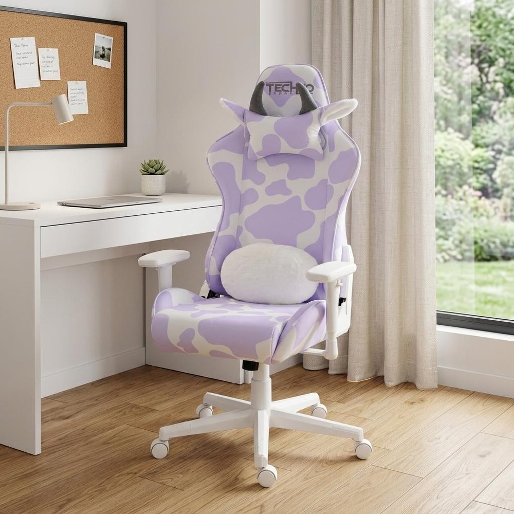 Lavender and White Cow Print Adjustable Height Rolling Gaming Chair — view 11