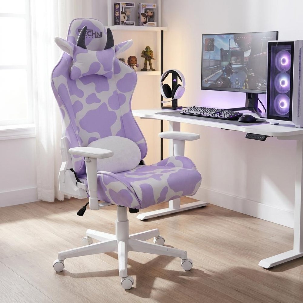 Black White And Pink Cow Print Adjustable Height Swivel Rolling Gaming Chair — view 12