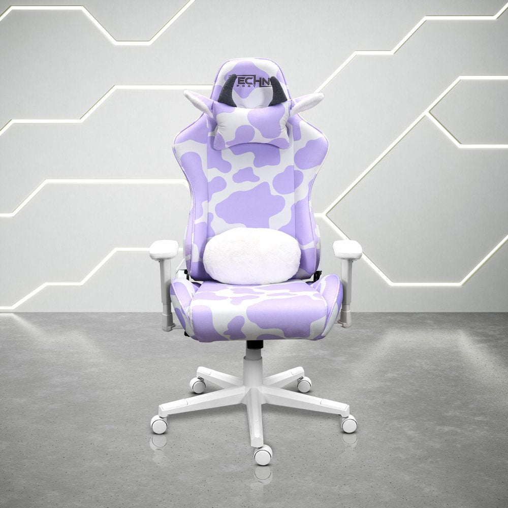 Lavender and White Cow Print Adjustable Height Rolling Gaming Chair — view 1