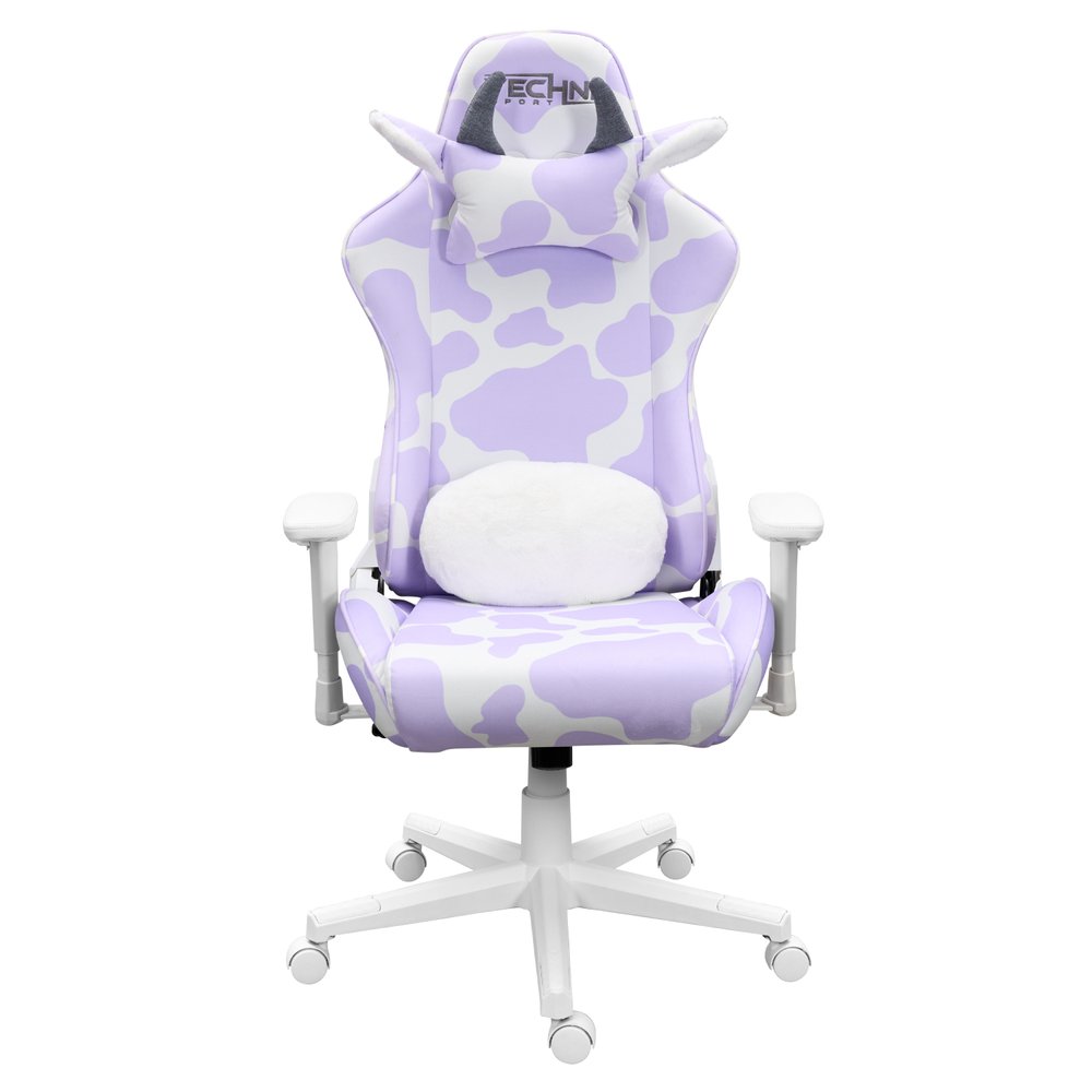 Lavender and White Cow Print Adjustable Height Rolling Gaming Chair — view 3