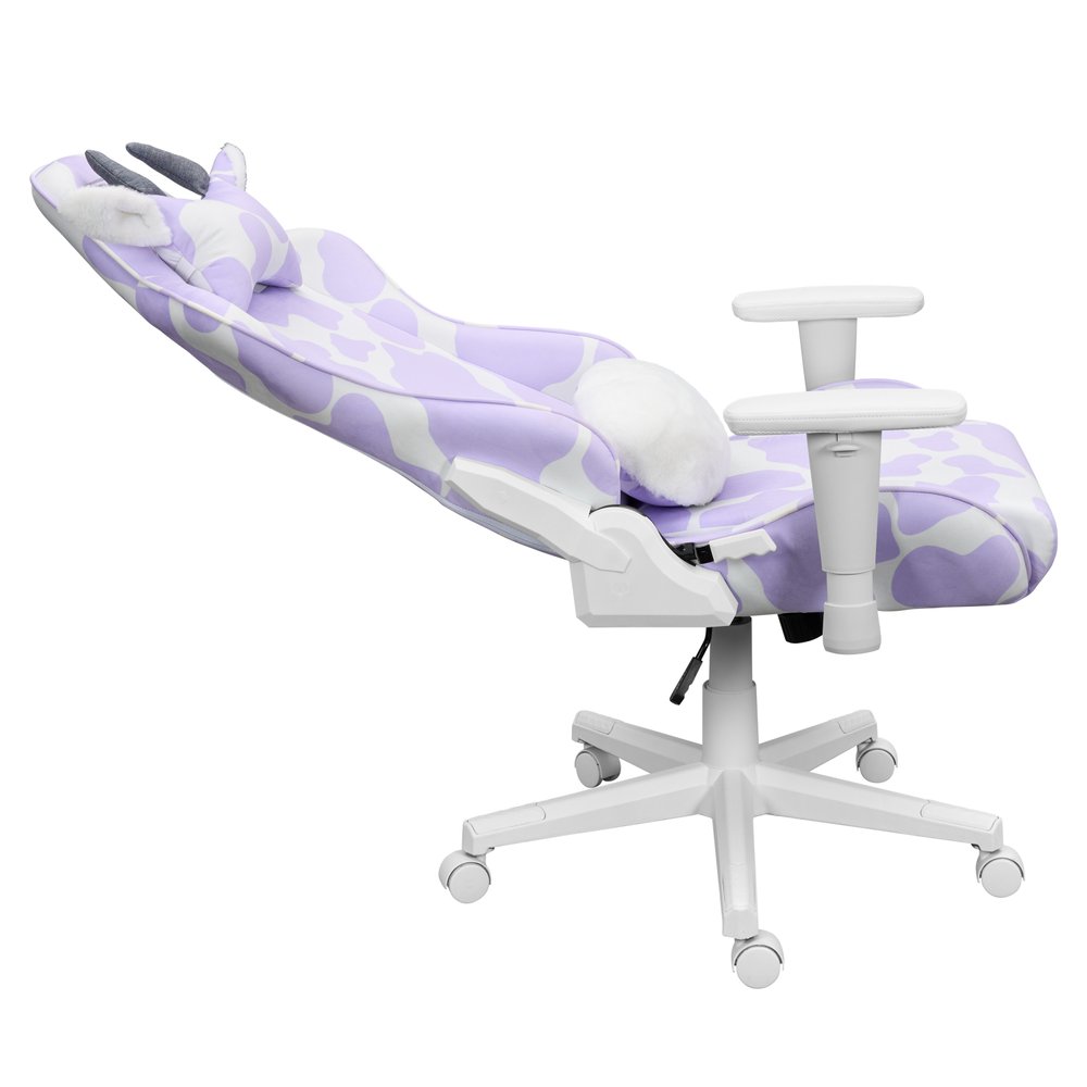 Lavender and White Cow Print Adjustable Height Rolling Gaming Chair — view 4
