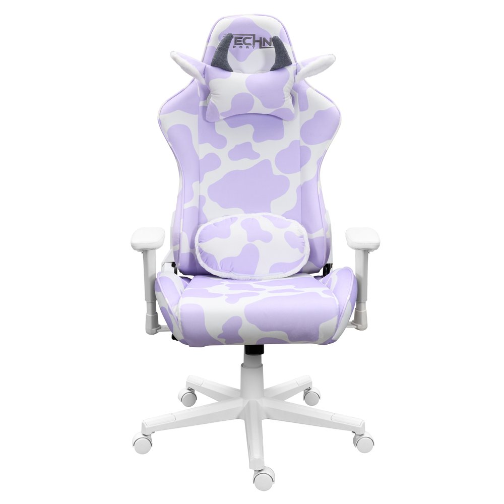 Lavender and White Cow Print Adjustable Height Rolling Gaming Chair — view 6