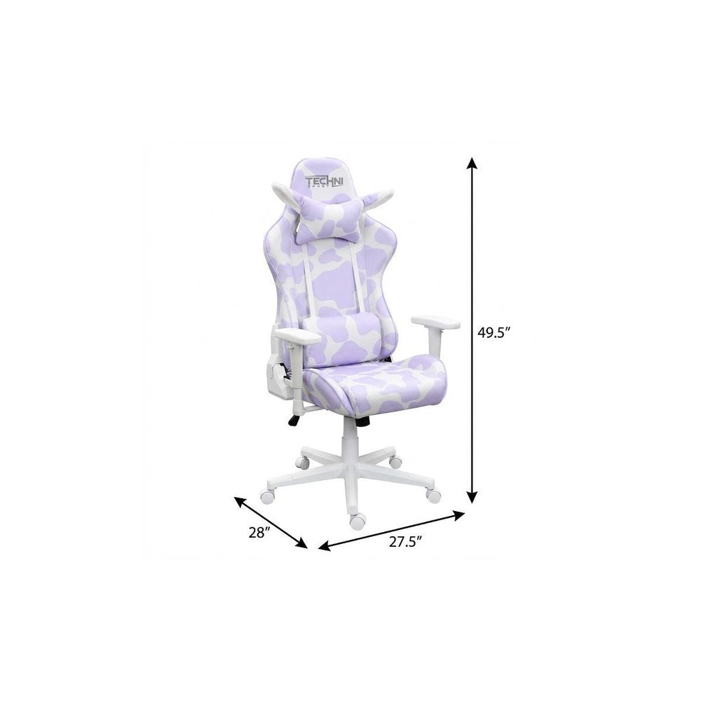 Lavender and White Cow Print Adjustable Height Rolling Gaming Chair — view 10