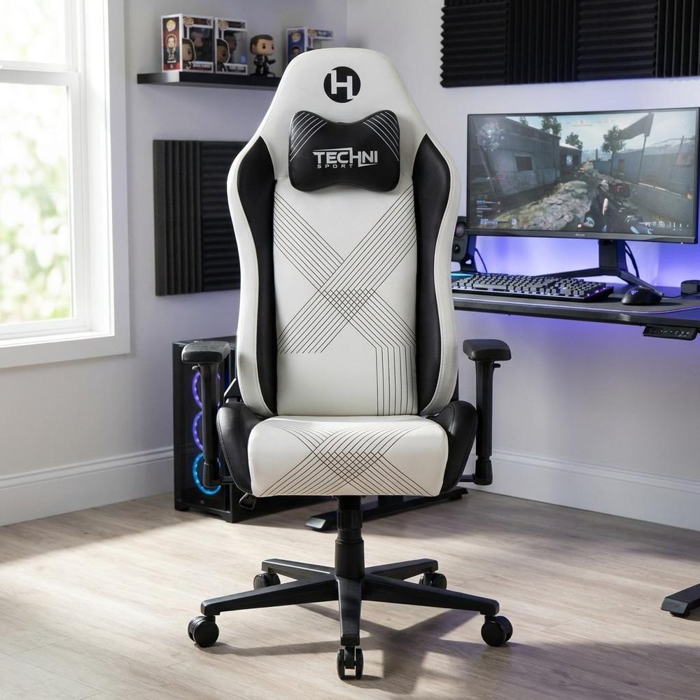 Black And White And Black Swivel Rolling Gaming Chair — view 1