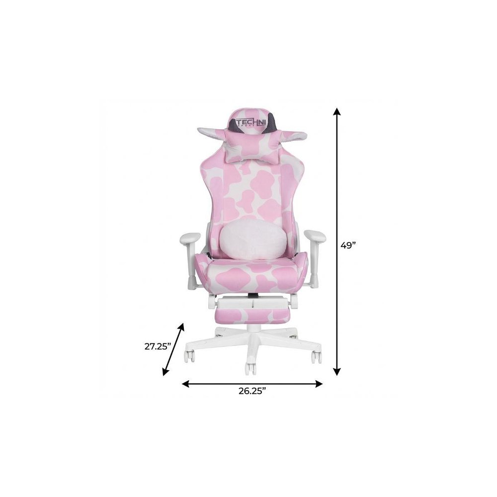 Pink and White Cow Print Adjustable Height Rolling Gaming Chair With Footrest HomeRoots