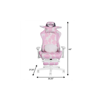 Pink and White Cow Print Adjustable Height Rolling Gaming Chair With Footrest HomeRoots