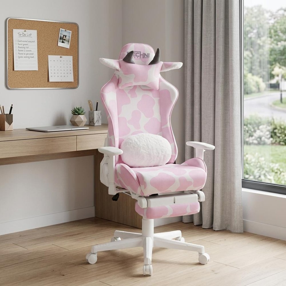 Pink and White Cow Print Adjustable Height Rolling Gaming Chair With Footrest HomeRoots