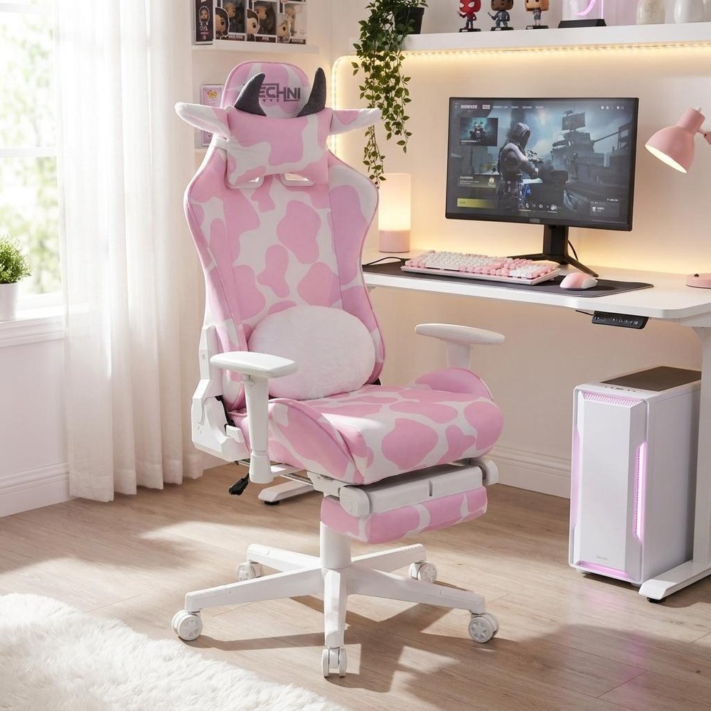 Pink and White Cow Print Adjustable Height Rolling Gaming Chair With Footrest HomeRoots