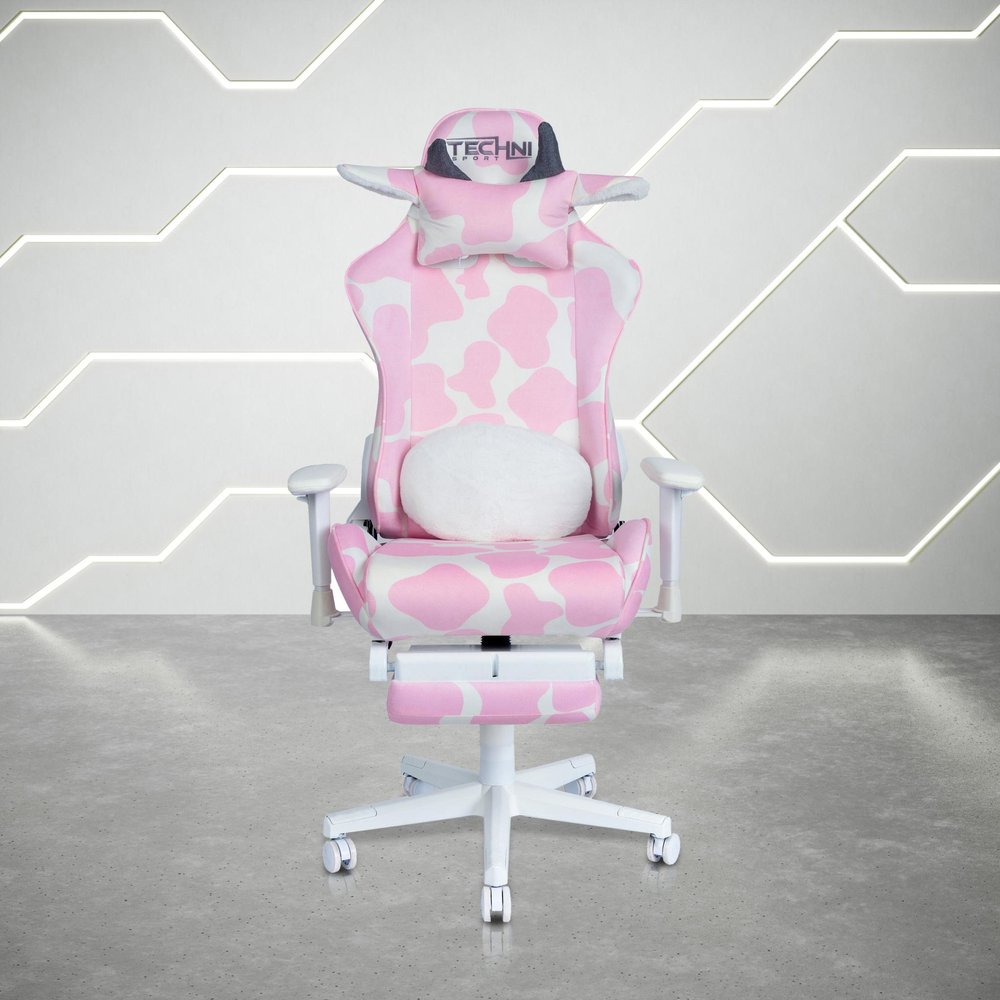Pink and White Cow Print Adjustable Height Rolling Gaming Chair With Footrest HomeRoots