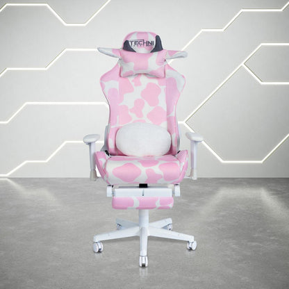 Pink and White Cow Print Adjustable Height Rolling Gaming Chair With Footrest
