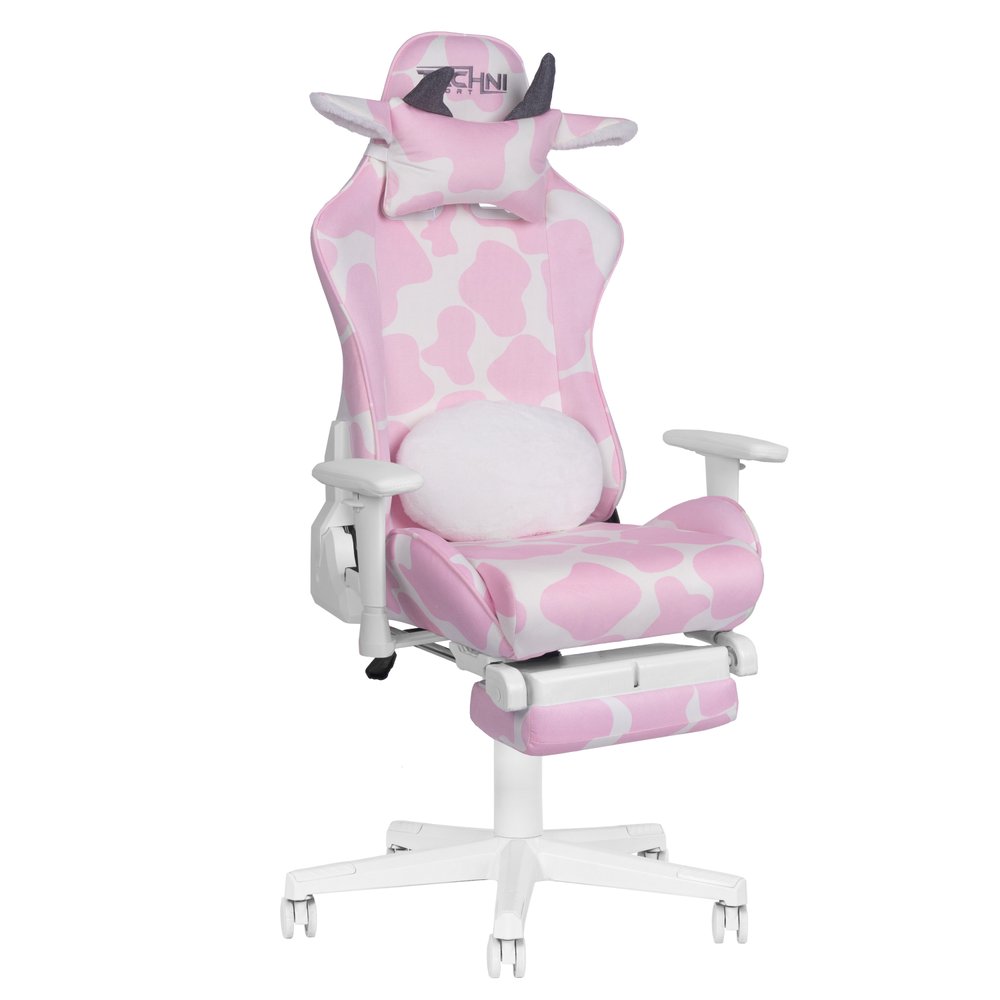 Pink and White Cow Print Adjustable Height Rolling Gaming Chair With Footrest — view 2