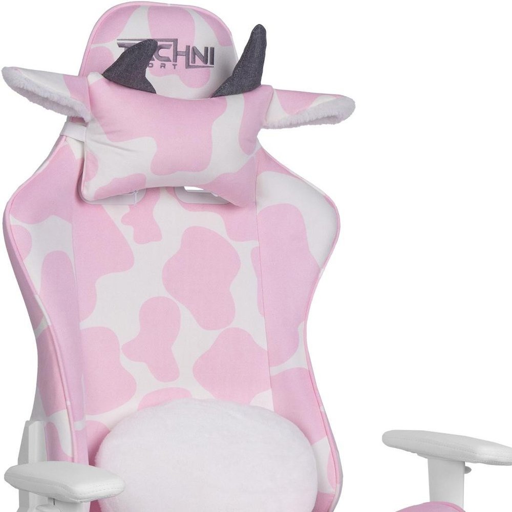 Pink and White Cow Print Adjustable Height Rolling Gaming Chair With Footrest — view 9