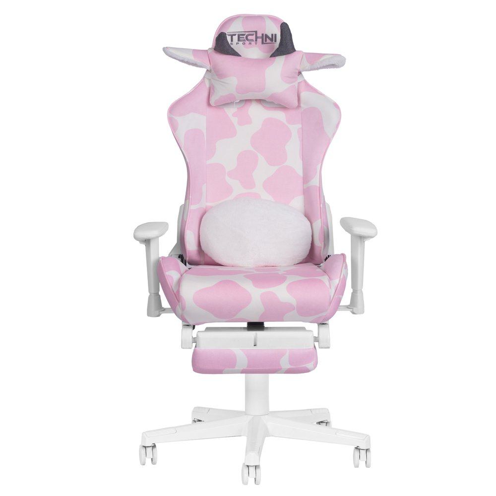 Pink and White Cow Print Adjustable Height Rolling Gaming Chair With Footrest HomeRoots