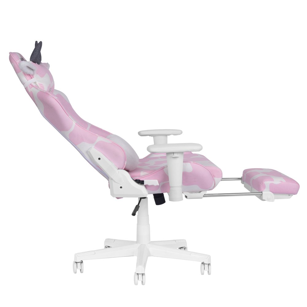 Pink and White Cow Print Adjustable Height Rolling Gaming Chair With Footrest — view 5