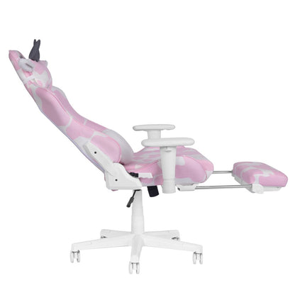 Pink and White Cow Print Adjustable Height Rolling Gaming Chair With Footrest HomeRoots