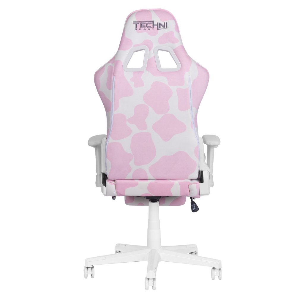 Pink and White Cow Print Adjustable Height Rolling Gaming Chair With Footrest — view 6