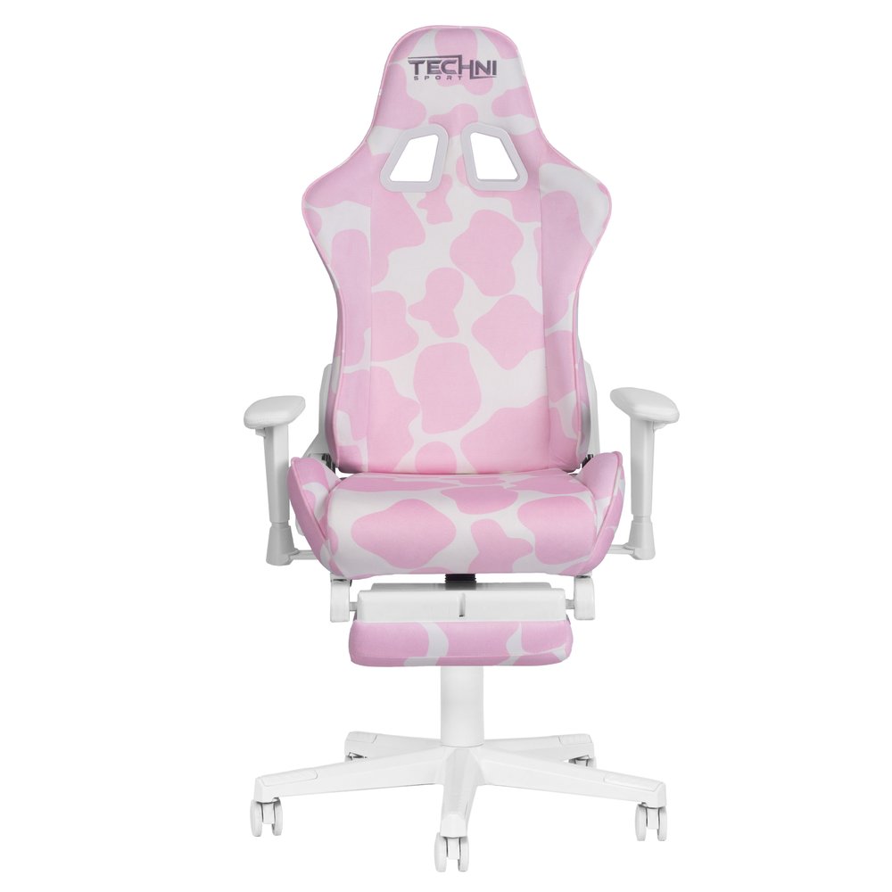Pink and White Cow Print Adjustable Height Rolling Gaming Chair With Footrest HomeRoots