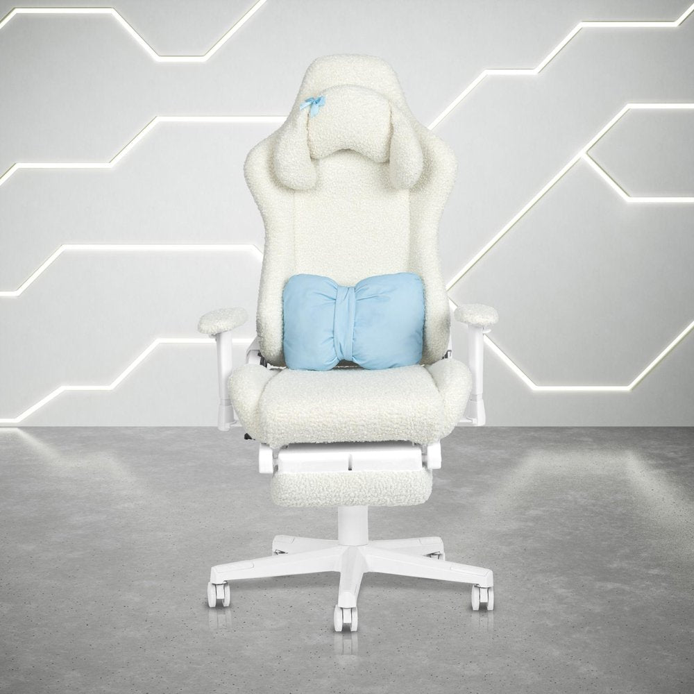White Adjustable Height Swivel Rolling Gaming Chair With Footrest — view 1